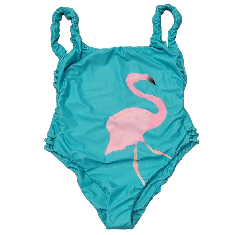 Watercolors by Kenny Flowers Flamingo One Piece Blue Cyan Swim Bikini S